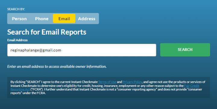 Instant Checkmate Search by Email Report Found